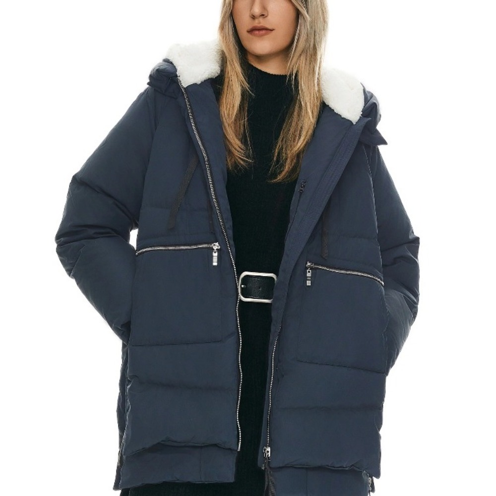 Orolay Thickened Down Puffer Jacket Navy Blue Faux Fur Hooded Oversized Large